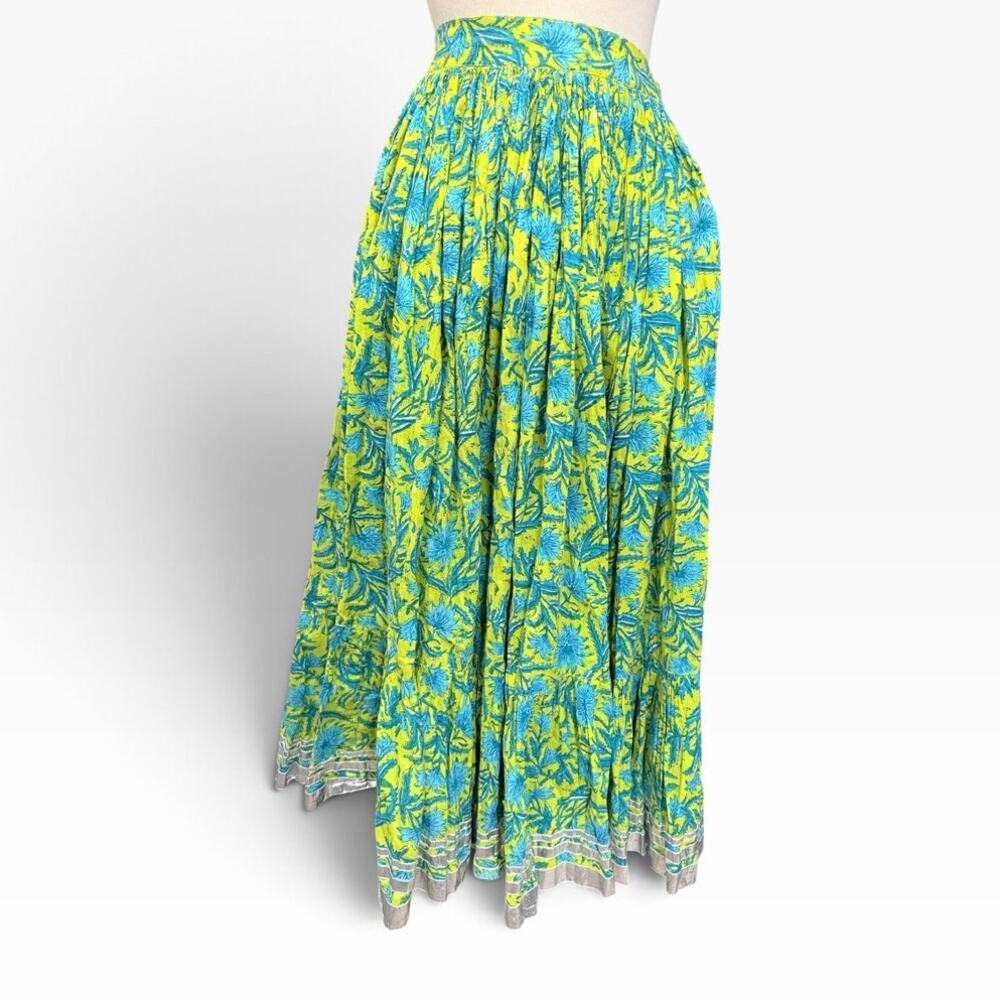 Westside Full Crinkle Pleated Maxi Skirt M Citron Yellow Teal Blue Floral Whimsy